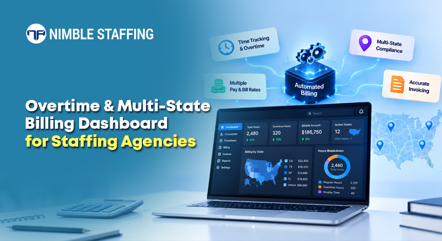 Staffing billing dashboard applying overtime, multi-rate, and multi-state rules automatically
